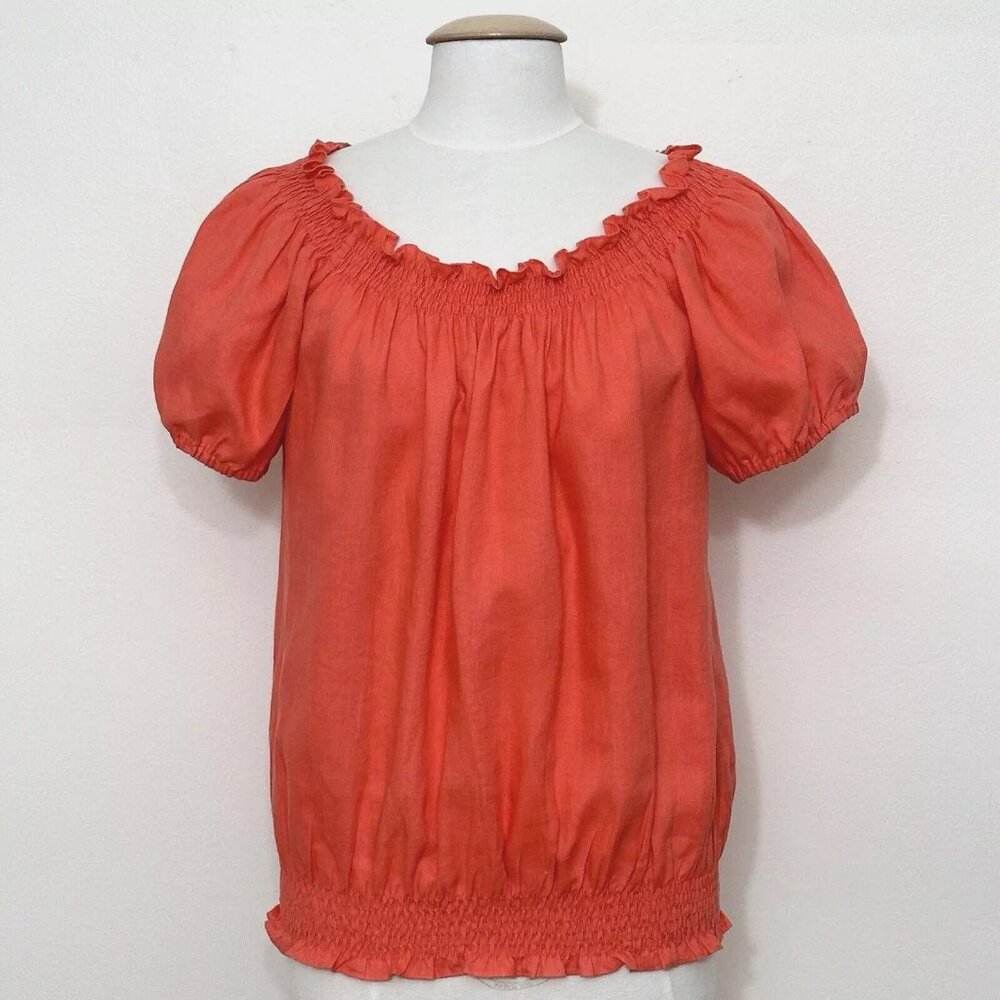 Neiman Marcus Exclusive Womens Top 10 Coral Linen Peasant Beachy Cottagecore